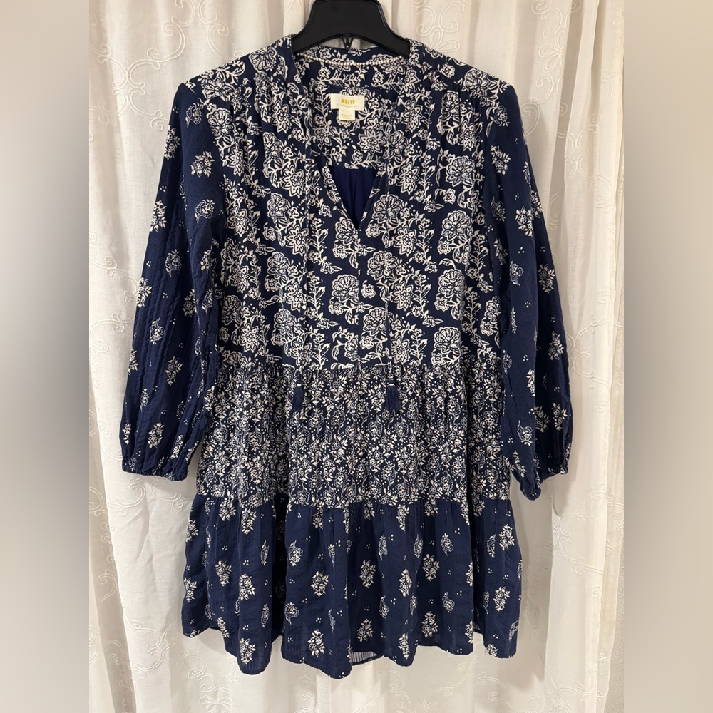 Anthropologie Maeve Blue Carlita Tiered Tunic Dress Women’s M Cotton Coastal